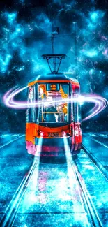 Glowing tram on cosmic urban night street with vivid colors.