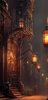 A mystical urban night scene with glowing lanterns and intricate architecture.