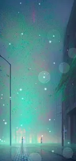 Foggy neon street with teal glow in urban nightscape.