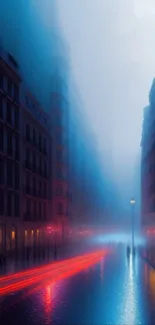 Misty urban nightscape with vibrant city lights reflecting on a foggy street.