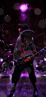 Anime ninja in purple night cityscape with a mystical vibe.