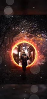 Mystical urban portal with glowing circle in forest path.