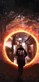 A person walking through a fiery portal into a mystical urban alleyway.