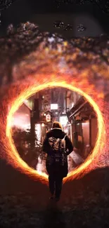 Backpacker entering a mystical fiery portal in a dark urban alleyway.