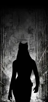 Silhouette in a dark urban alley, creating a mysterious atmosphere.