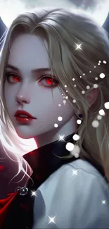 Fantasy vampire art with red eyes and a moonlit background.