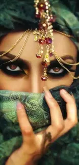 Artistic wallpaper with mystical veil and intricate jewelry.