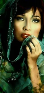 Mystical woman with veil and emerald tones.