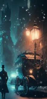 Mystical Victorian street with carriage and glowing lamps at night.