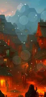 Mystical village at night with glowing orange lights and mountain backdrop.