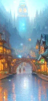 Mystical village at night with glowing lights and serene river.