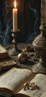 Mystical vintage book scene with lit candle and antique décor.