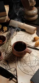 Mystical vintage desk with spellbooks and herbs.