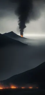 Dramatic volcanic eruption with dark smoke and fiery lava flow.