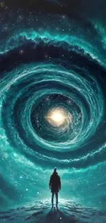 Person silhouetted against a swirling galaxy vortex with teal hues.