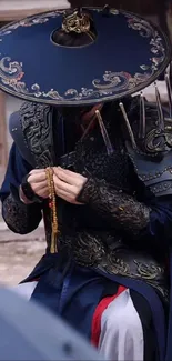 Mystical warrior in detailed blue armor and hat, holding prayer beads.