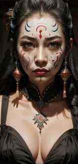 Mystical warrior with intricate face art and jewelry in a fantasy setting.