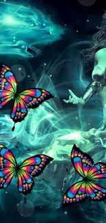 Mystical warrior with butterflies in a teal ethereal setting.