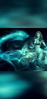 Fantasy artwork of a mystical warrior and glowing dragon in teal hues.