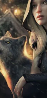 Fantasy warrior and wolf in mystical setting, mobile wallpaper.