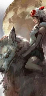 Fantasy art of a warrior riding a wolf with a moonlit backdrop.