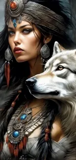 Fantasy art of a mystical warrior woman with a wolf.