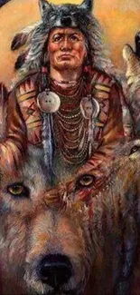 Native American warrior with wolves art wallpaper.