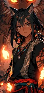 Anime warrior with glowing animals in fire-lit setting.