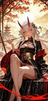 Anime warrior woman with horns and detailed attire in a mystical setting.