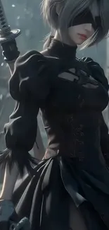Anime warrior in dark attire holding a sword.