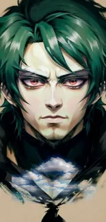 Mystical anime character with green hair and intense gaze.