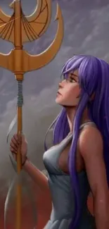 Mystical warrior with purple hair, holding a staff, under a cloudy sky.