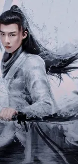 Artwork of a warrior with sword in mystical water backdrop.