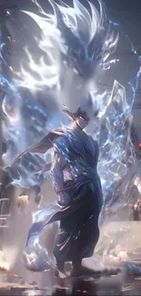 Mystical warrior with flowing energy and blue hues.