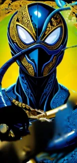 Mystical warrior in blue and gold armor on mobile wallpaper.