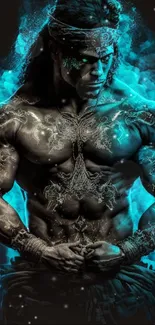 Majestic warrior enveloped in blue smoke with intricate body art.