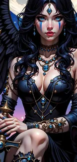Fantasy warrior with dark wings and jewels.