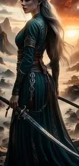 Mystical warrior at sunset in mountain landscape.