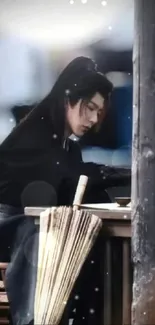 Mystical warrior in traditional attire seated at a wooden table.