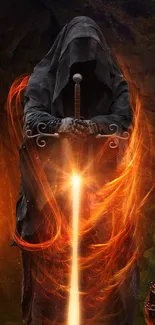 Fantasy warrior with fiery sword and hooded cloak on dark background.