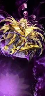 Anime character with golden armor and purple aura, surrounded by skulls.