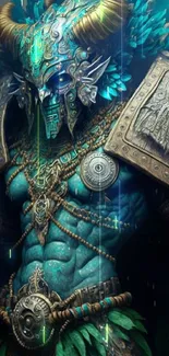 Fantasy warrior with turquoise armor and intricate details in mystical setting.