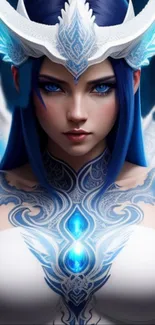 Fantasy art of mystical warrior with blue and white design.