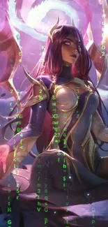 Fantasy female warrior with purple aura and glowing light.