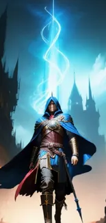 Mystical warrior in blue cloak amidst a vibrant fantasy background.