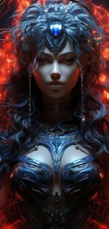 Mystical warrior fantasy art with fiery red background and intricate details.