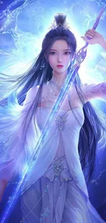 Mystical warrior princess with ethereal blue aura and sword.