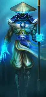 Mystical warrior with glowing blue aura and staff in fantasy art.