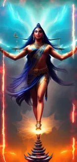 Mystical warrior goddess surrounded by blue and fiery hues.