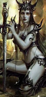 Mystical warrior in dark armor kneels brandishing a sword, set in fantasy art style.